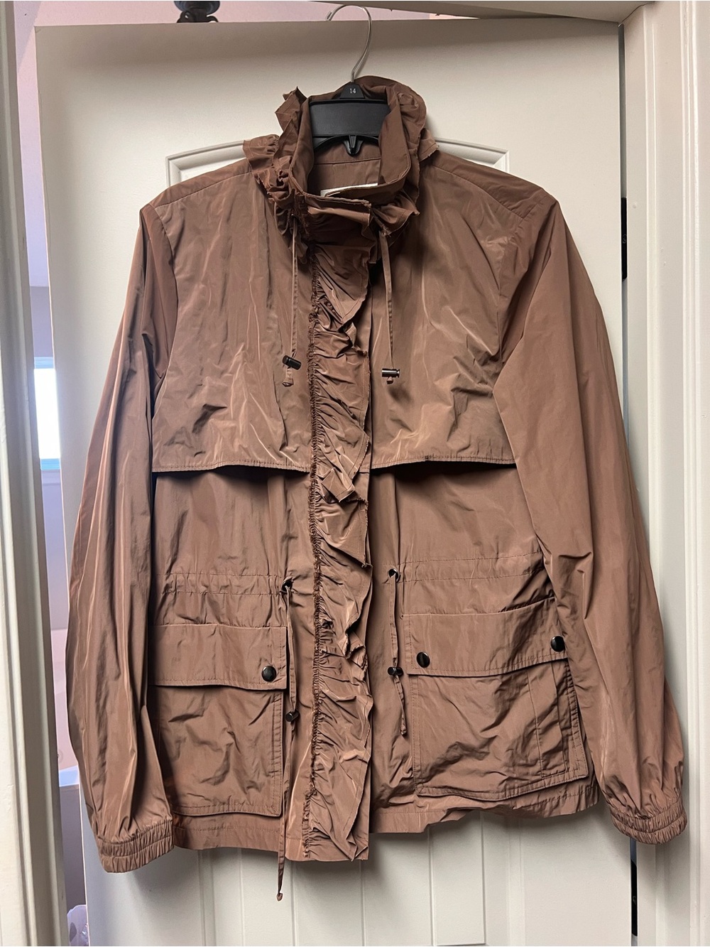 Banana Republic Women's Lightweight Brown Rain Jacket with Ruffle Trim